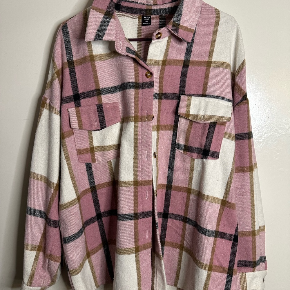 Pink Oversized Plaid Button-Up Shirt